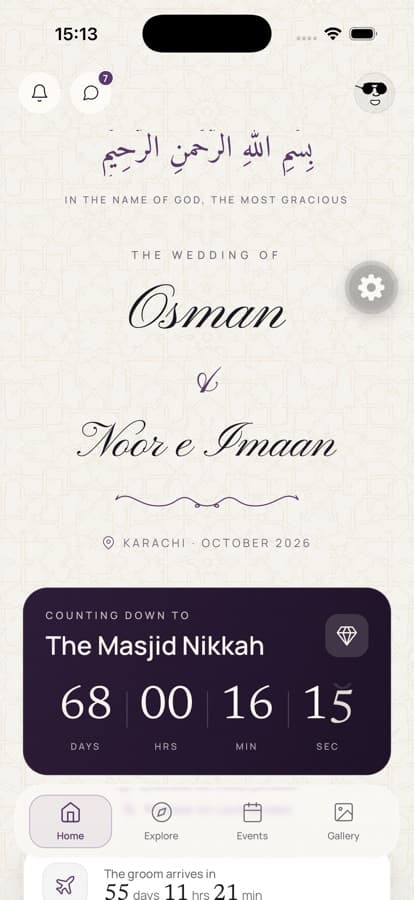 The app's home screen — the couple's names above a live countdown